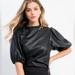 NEW Black Leather puff sleeve THML boutique top